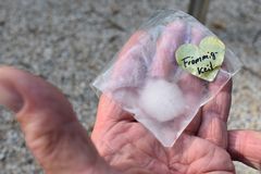 Eiswürfel in Blumenform mit einem goldenen Herz auf dem steht Frömmigkeit